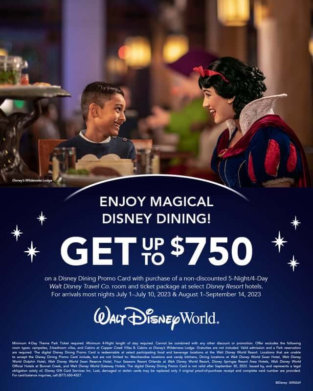 Walt Disney World $750 Dining Promotion & 25% Hotel Discounts!