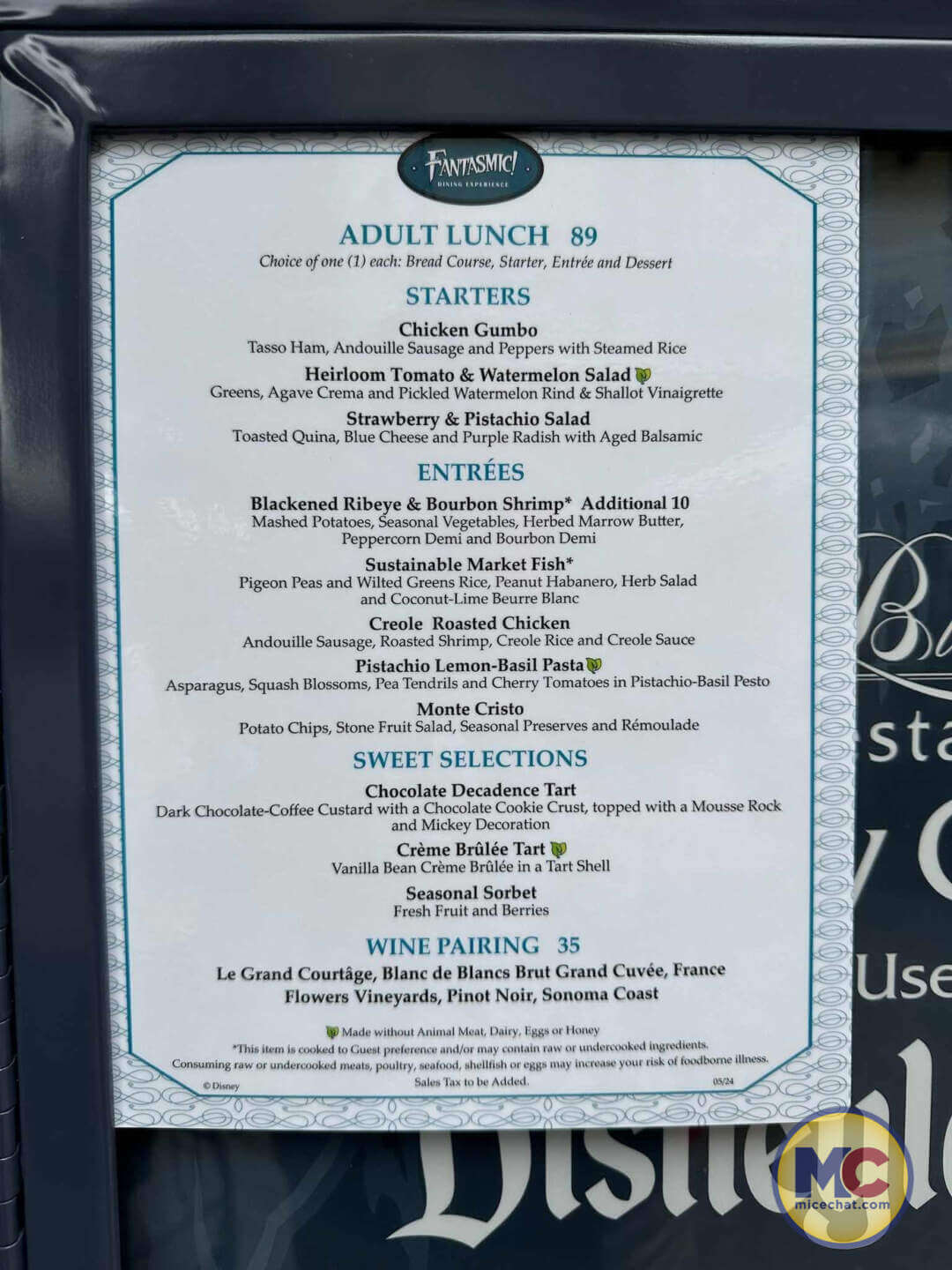 Disneyland-Blue Bayou-fantasmic Dining Package 2024 Lunch Menu - MiceChat